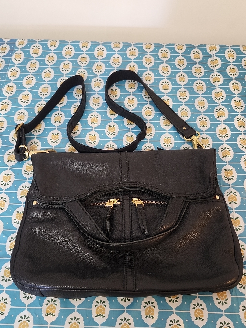 Fossil Erin Fold Over Crossbody Black Leather Purse Bag
